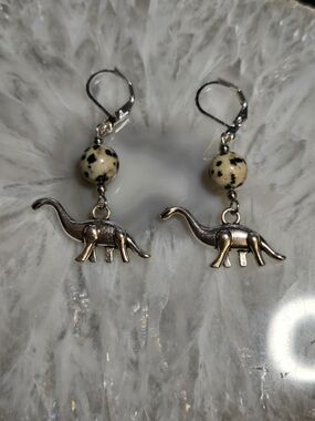 Silver Dinosaur Drop Earrings with Dalmation Jasper